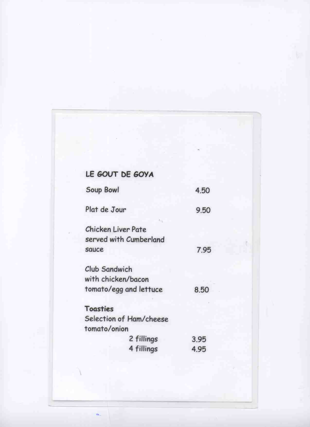 Goya's Savoury Menu - Le Gout de Goya